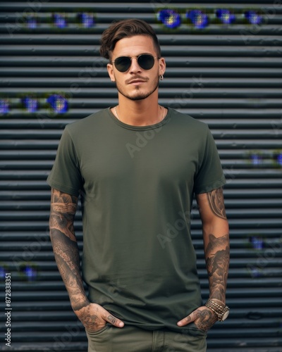 A man wearing a green shirt and sunglasses stands casually in front of a metal wall