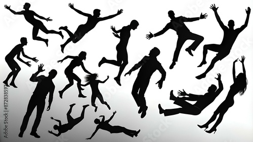 set of falling people silhouettes. vector silhouettes of people falling from a great height. falling male silhouette