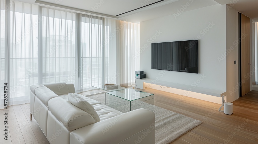 Fototapeta premium A minimalistic TV lounge featuring a wall-mounted flat-screen TV