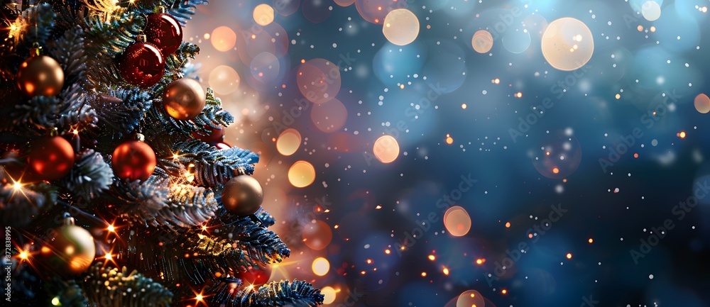 Festive Christmas Tree with Bokeh Lights and Banner Festive Christmas Tree with Bokeh Lights and Banner