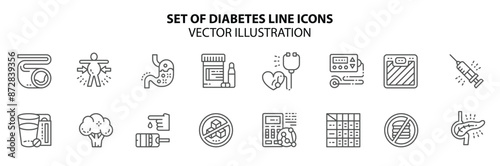 Set of Diabetes Line Icons. Heartburn, Electrocardiogram, Glucometer and Vector illustration. © riyan