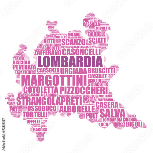 Lombardia regional map silhouette tagcloud with the names of local foods and wines