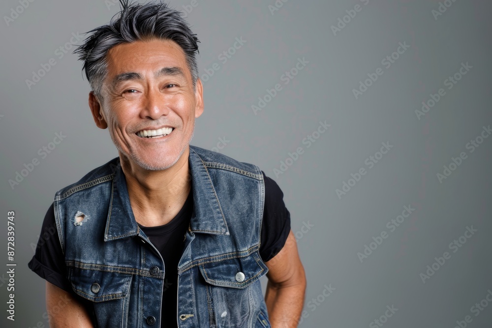 Fototapeta premium Portrait of a cheerful asian man in his 60s wearing a rugged jean vest in front of soft gray background