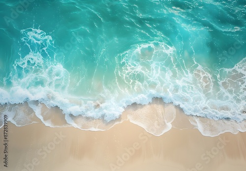 Fototapeta Naklejka Na Ścianę i Meble -  Aerial View of Turquoise Ocean Waves Crashing on Sandy Beach