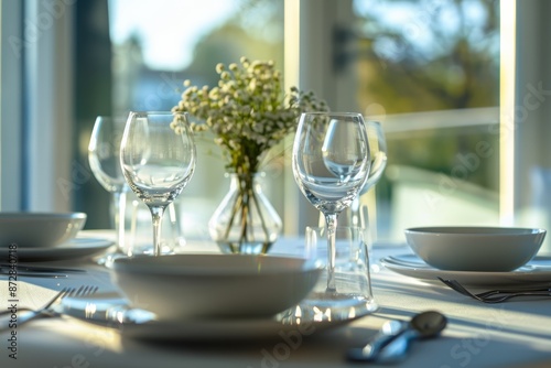 Closeup image of a minimalist dining room table set for a meal with simple and elegant tableware, featuring a vase of white flowers and sunlight streaming through the window © Ilia Nesolenyi