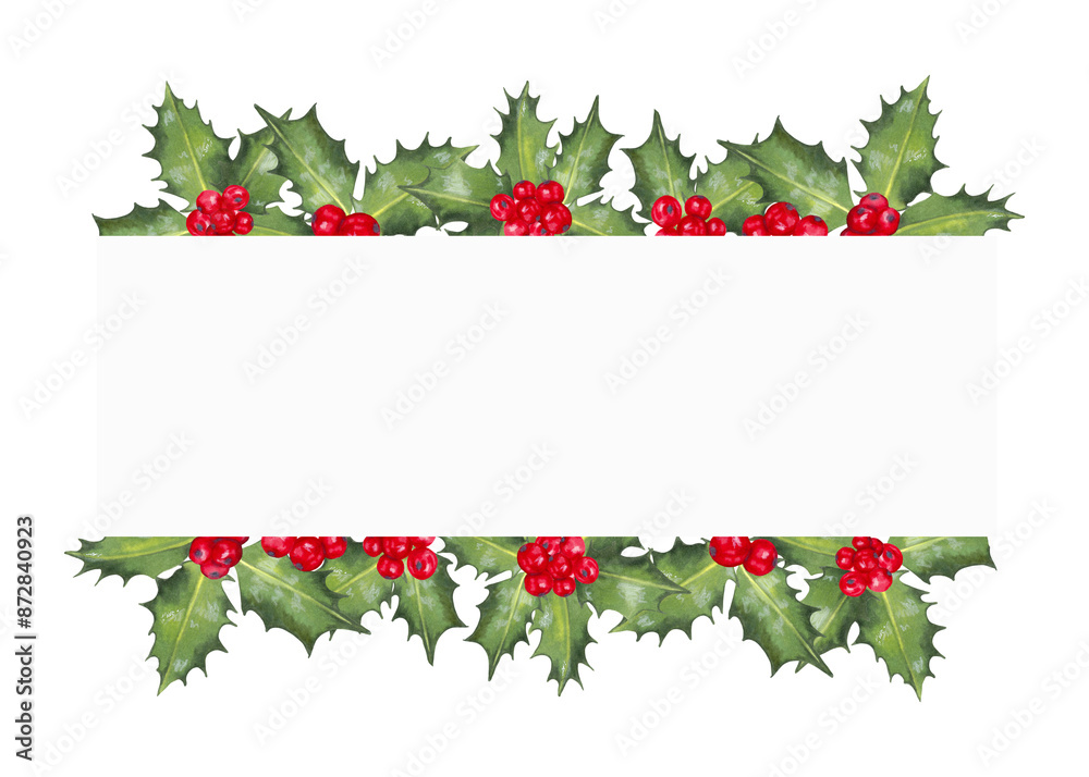 Christmas horizontal frame of red holly berries with leaves. Illustration of a watercolor background with space for text. Decoration for the New Year, seasonal holidays. Hand drawn isolated backdrop Christmas horizontal frame of red holly berries with leaves. Illustration of a watercolor background with space for text. Decoration for the New Year, seasonal holidays. Hand drawn isolated backdrop