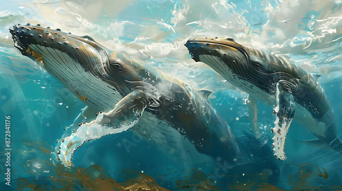 Fototapeta Naklejka Na Ścianę i Meble -  Two humpback whales swimming in the sea, paintings, Oil painting style