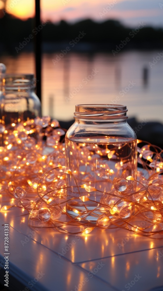 a glass jar with a string of lights on it