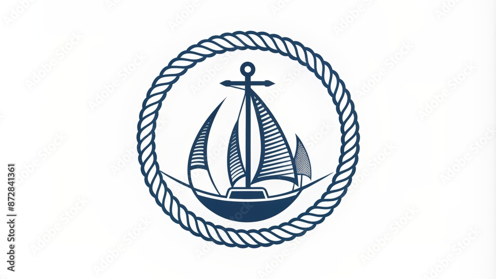 Stylish sailboat silhouette incorporated into circular logo design template with rope and anchor elements in modern vector format. Stylish sailboat silhouette incorporated into circular logo design template with rope and anchor elements in modern vector format.