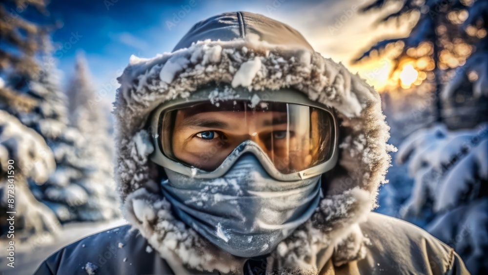 Frosty winter scene featuring a snow-covered face shield, goggles, and a frozen jacket, emphasizing the harsh cold. Frosty winter scene featuring a snow-covered face shield, goggles, and a frozen jacket, emphasizing the harsh cold.