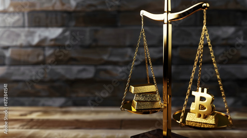 Scales balancing gold bars and bitcoin symbols,