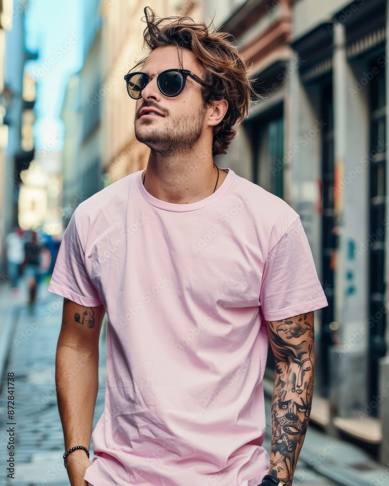 A male model in a pink t-shirt stands on a city street, gazing upward in thought A male model in a pink t-shirt stands on a city street, gazing upward in thought