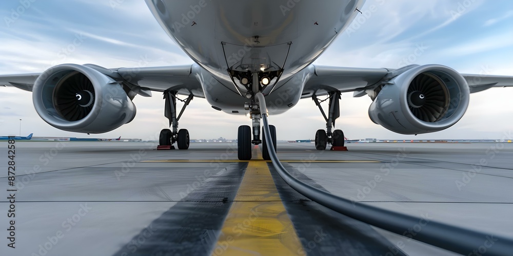 Obraz premium Closeup photo of commercial airplane being refueled with hose attached. Concept Airplane Refueling, Commercial Aircraft, Close-up Shot, Refueling Hose, Transportation Industry