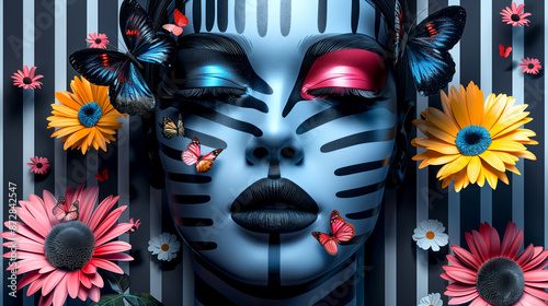 A woman's face is painted with butterflies and flowers. The butterflies are in various colors and sizes, and the flowers are also in different colors and sizes. Scene is vibrant and colorful