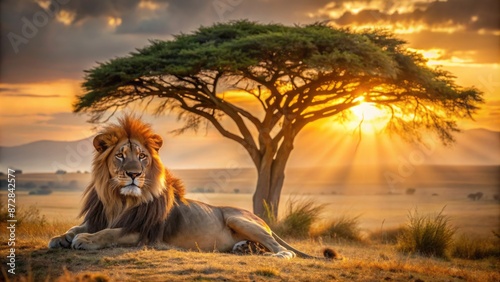 Majestic lion with regal mane lounges in shade of acacia tree, golden light illuminating vast, dusty savanna landscape behind