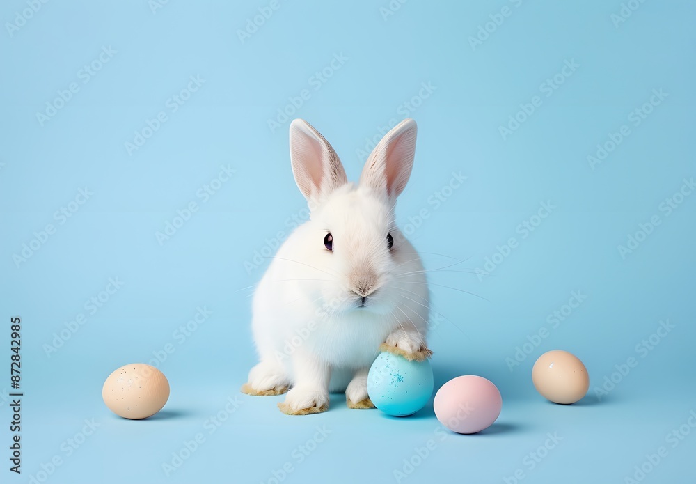 Cute White Bunny with Easter Eggs on Blue Background Cute White Bunny with Easter Eggs on Blue Background