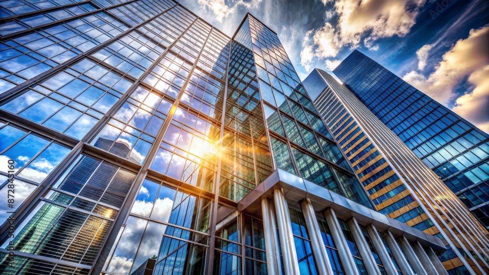 Naklejka premium Contemporary sleek glass and steel skyscraper facade with reflective windows and modern architectural design elements on a sunny day background.