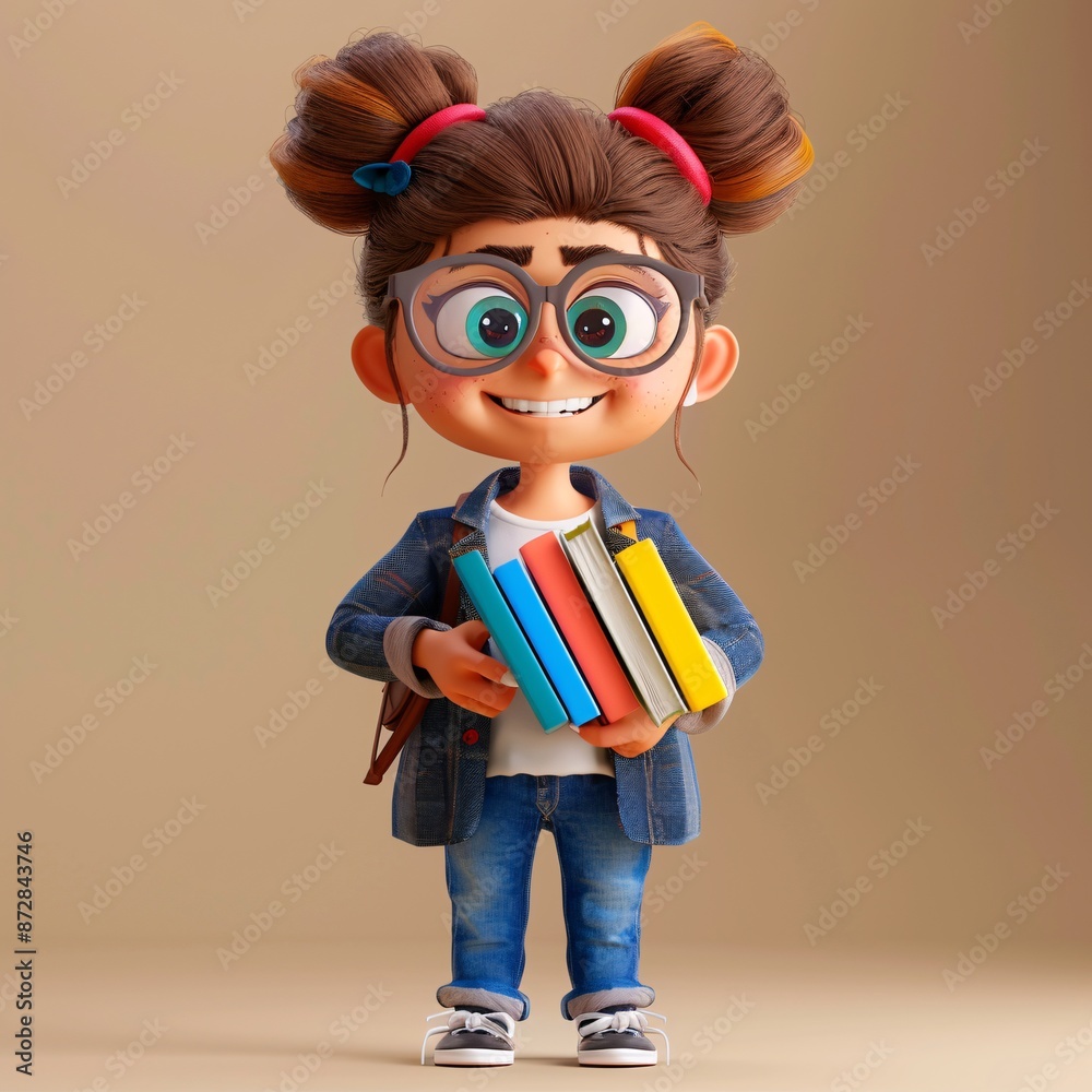 6. 3D female teacher character holding a stack of books, smiling and ready to teach, dressed in a casual yet professional outfit of jeans and a blazer 6. 3D female teacher character holding a stack of books, smiling and ready to teach, dressed in a casual yet professional outfit of jeans and a blazer