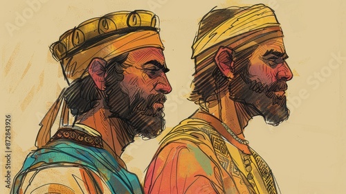 2 Kings,Naaman Healed of Leprosy,Gehazi’s Deceit and Punishment: Biblical Illustration with Beige Background and Copyspace photo