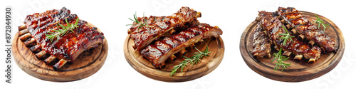 Grilled pork ribs on wooden board on transparent background
