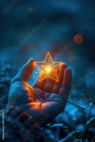 A hand holding a glowing star, low-key, elaborate background. photo