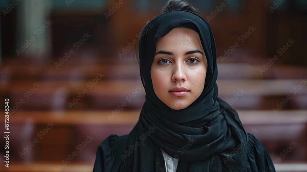 Close up realistic portrait of arab girl standing on witness stand testifying in courtroom