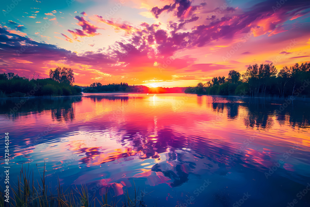 An image of a vibrant sunset over a serene lake, with colorful reflections shimmering on the water An image of a vibrant sunset over a serene lake, with colorful reflections shimmering on the water