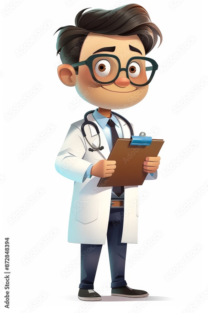 Confident Male Doctor Cartoon Character Holding Clipboard and Pen in White Lab Coat Confident Male Doctor Cartoon Character Holding Clipboard and Pen in White Lab Coat