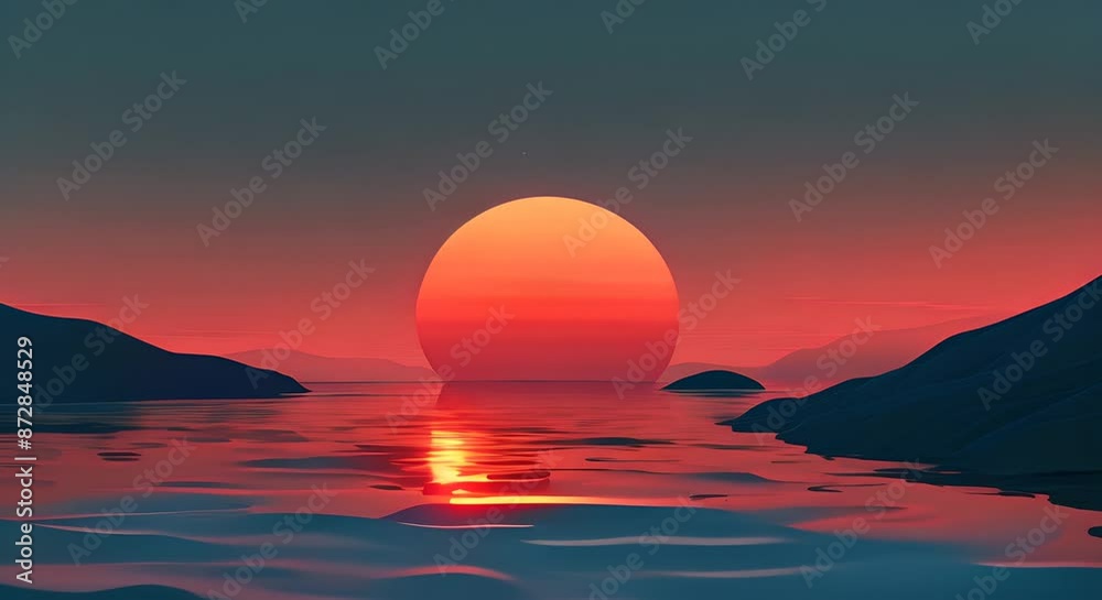 A beautiful sunset with a large red sun in the sky. The water is calm and the sky is a deep blue A beautiful sunset with a large red sun in the sky. The water is calm and the sky is a deep blue