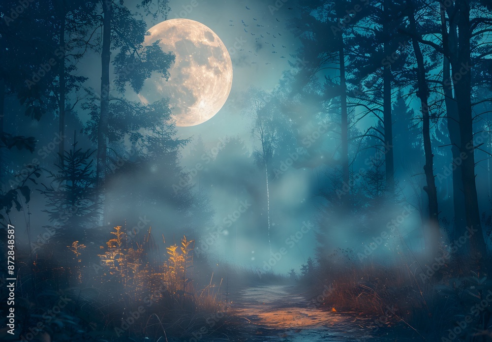 Full Moon Forest Path - Halloween Night Background