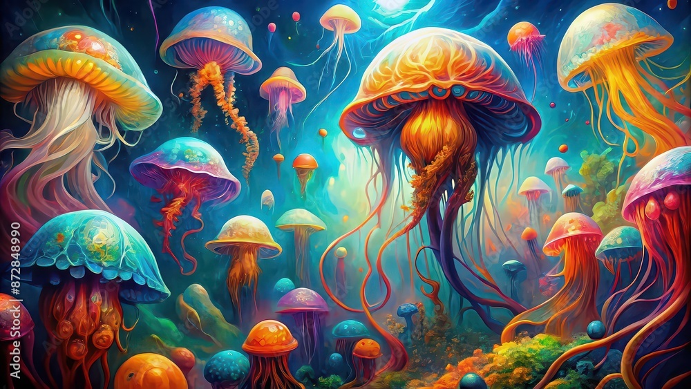 Vibrant oil painting featuring imaginative cubism and colorful jellyfish, oil painting, creative, cubism, colorful Vibrant oil painting featuring imaginative cubism and colorful jellyfish, oil painting, creative, cubism, colorful
