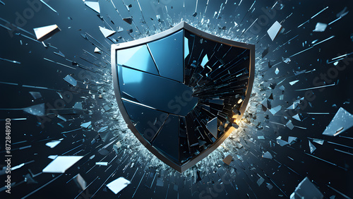 3D rendering of a broken shield on a blue background with cracked pieces