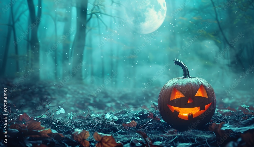 Spooky Halloween Pumpkin in Foggy Forest Spooky Halloween Pumpkin in Foggy Forest