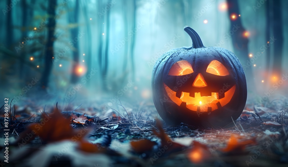 Fototapeta premium Spooky Halloween Pumpkin In Foggy Forest