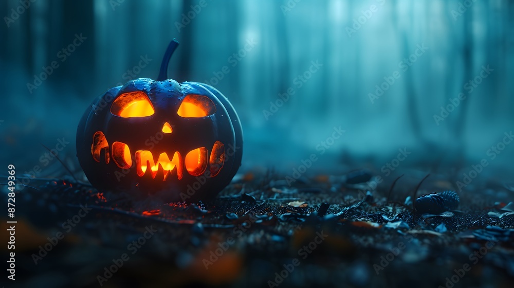 Glowing Halloween Pumpkin in Foggy Forest Glowing Halloween Pumpkin in Foggy Forest