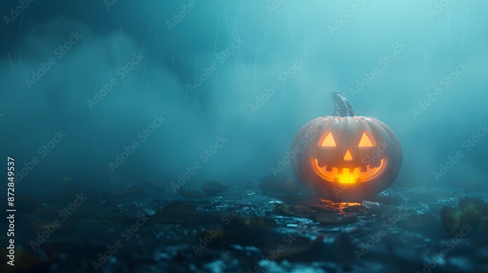 Naklejka premium Glowing Halloween Pumpkin in Foggy Forest