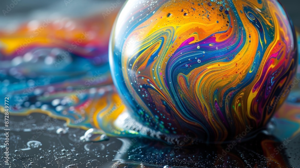 A close-up of a soap bubble on a water surface, with intricate rainbow-like patterns shimmering on its surface. A close-up of a soap bubble on a water surface, with intricate rainbow-like patterns shimmering on its surface.