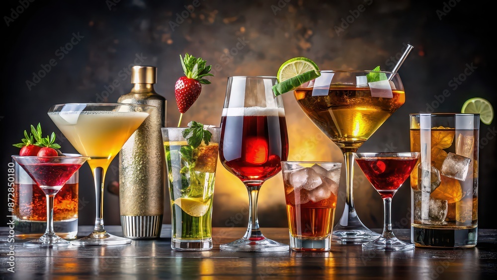Various alcohol cocktails such as beer, martini, soda, champagne, whiskey , alcohol, cocktails, beverages, drinks, beer, martini Various alcohol cocktails such as beer, martini, soda, champagne, whiskey , alcohol, cocktails, beverages, drinks, beer, martini