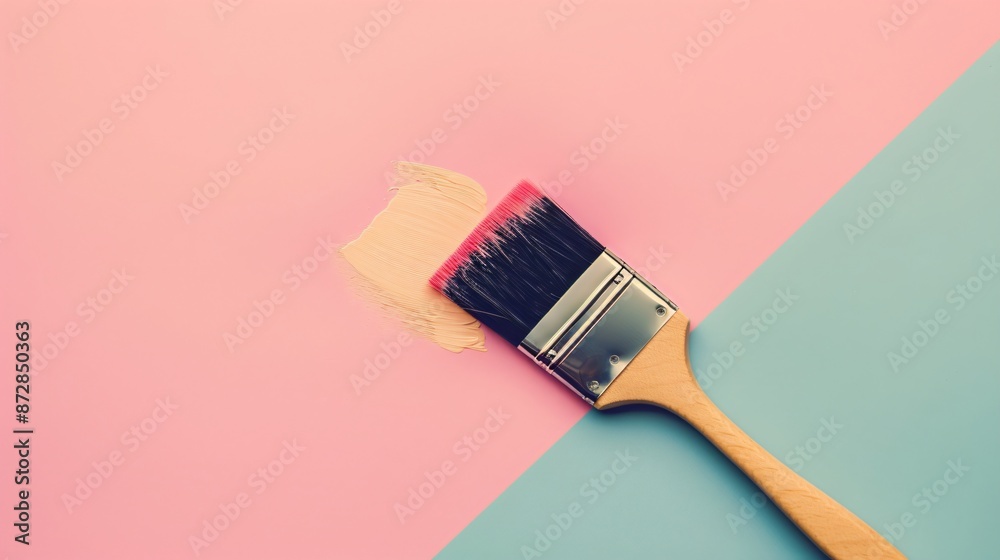 A lone, modern paintbrush with a sleek handle and bristles, set diagonally on a plain, pastel-colored background A lone, modern paintbrush with a sleek handle and bristles, set diagonally on a plain, pastel-colored background