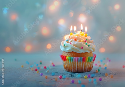 Birthday Cupcake with Candles on Blue Background