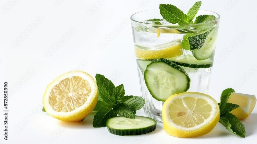 Healthy detox water with slices of lemon, cucumber, and mint leaves in a glass, isolated on white background, copy space Perfect for refreshing and healthy living imagery Healthy detox water with slices of lemon, cucumber, and mint leaves in a glass, isolated on white background, copy space Perfect for refreshing and healthy living imagery