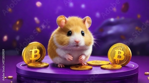 A cartoon hamster on a purple platform with bitcoin coins on a purple background. Hamster kombat game about cryptocurrency mining, the concept of mini-games for making money on cryptocurrency
