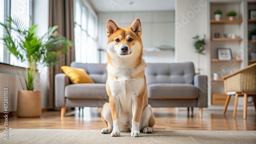 Cute Shiba Inu dog sitting in a modern apartment interior, looking at the camera, Shiba Inu, dog, pet, cute, adorable, domestic © Sujid