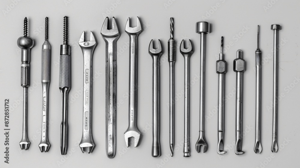 A neatly arranged set of screwdrivers with various heads, each placed precisely on a smooth, monochrome background A neatly arranged set of screwdrivers with various heads, each placed precisely on a smooth, monochrome background