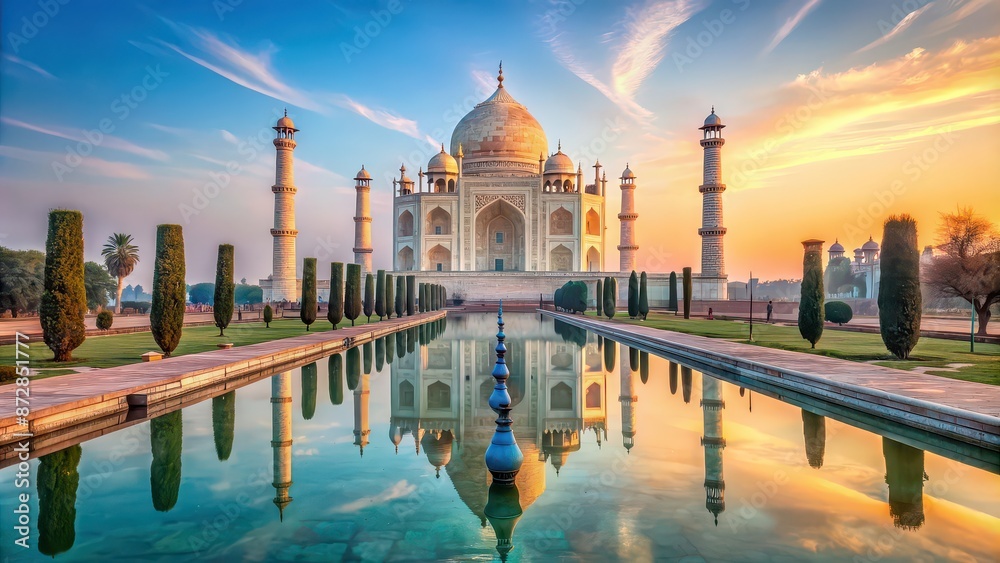 Fototapeta premium Taj Mahal beautifully reflected in calm waters of reflecting pool, Taj Mahal, reflection, water, pool, architecture