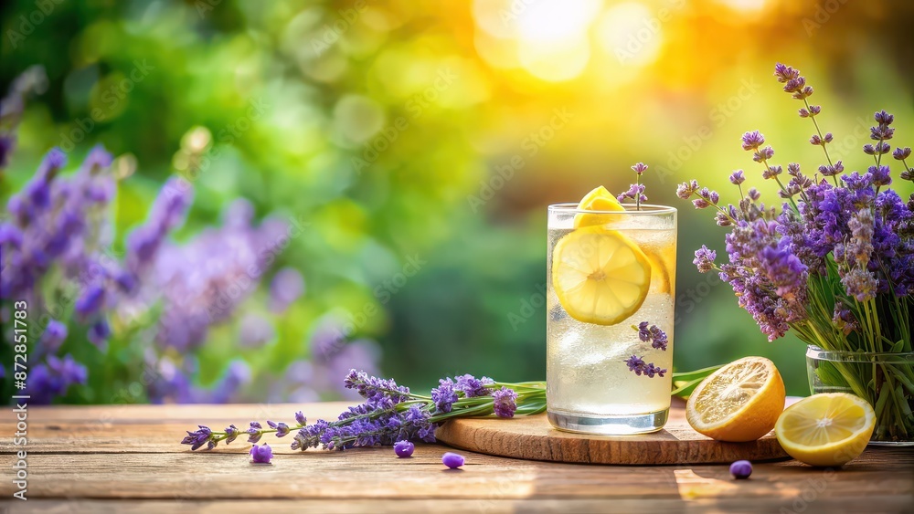 Refreshing cold lemonade with lavender flowers in a blurred garden background, lemonade, lavender flowers Refreshing cold lemonade with lavender flowers in a blurred garden background, lemonade, lavender flowers