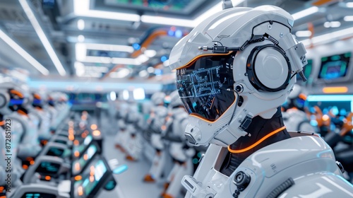 Wallpaper Mural A high-resolution panoramic view of a futuristic industrial facility, featuring advanced robotic arms and smart manufacturing equipment. The scene is set against a backdrop of sleek, metallic Torontodigital.ca