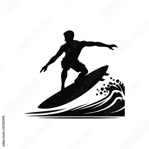 Detailed Vector Art of a Surfer Riding the Waves - Black and White Silhouette of a Man Surfing