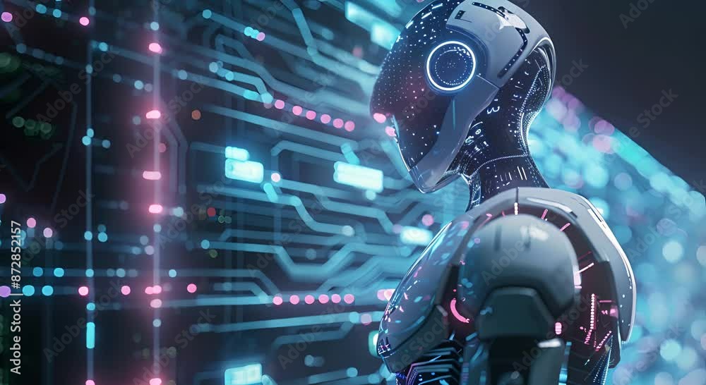 A robot is standing in front of a computer monitor with a blue background. The robot is wearing a white suit and has a blue face. The computer monitor is displaying a lot of information A robot is standing in front of a computer monitor with a blue background. The robot is wearing a white suit and has a blue face. The computer monitor is displaying a lot of information