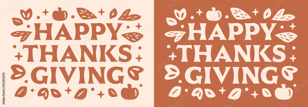 Fototapeta premium Happy thanksgiving greeting card orange earthy tones natural leaves pumpkins illustration fall season cottagecore farmcore aesthetic banner header shirt design printable sticker print cut file.